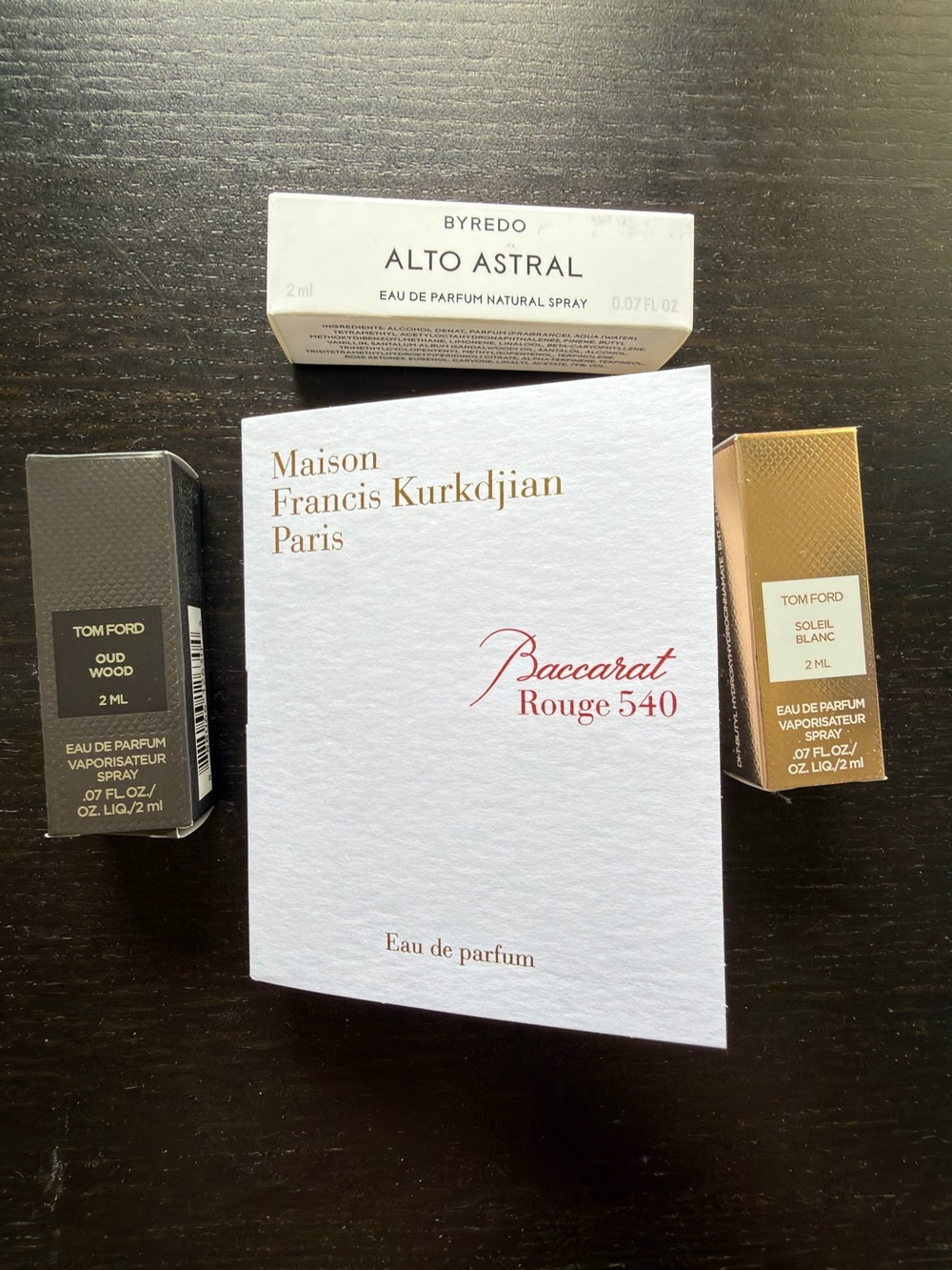Luxury Niche Perfume Sample Set 4pc – Baccarat Rouge 540, Tom Ford oud Byredo